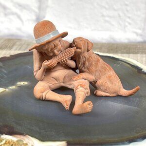 John Imhoff USA Terracotta Homestead Life Boy & Dog Figurine Signed Pottery VTG